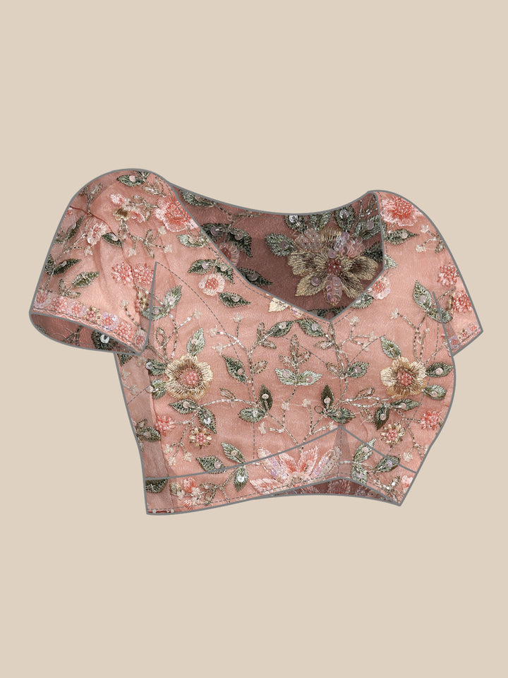 Peach Organza saree Resham & cut Dana heavy embroidery with ready made blouse