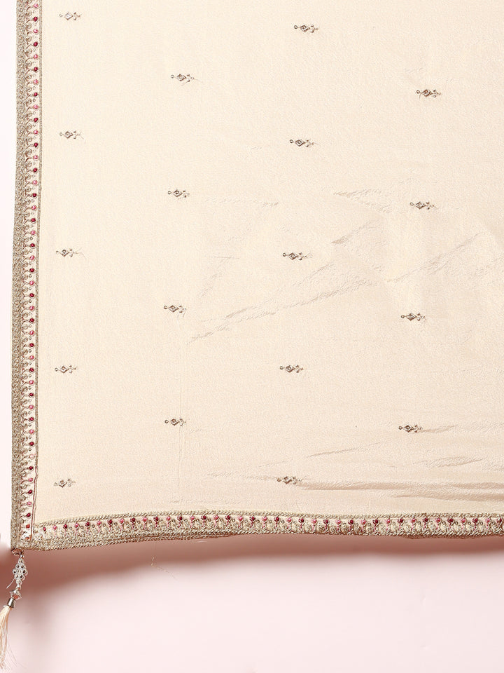 Beige three piece tissue silk hand embroidered anarkali set