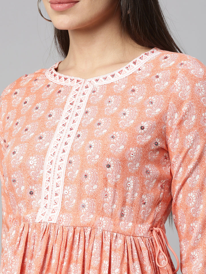 Neerus Women Coral  White Floral Printed Sequinned Pleated Kurti