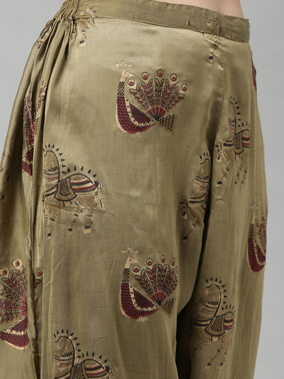 Neerus Women Olive Green Embroidered Kurta with Dhoti Pants
