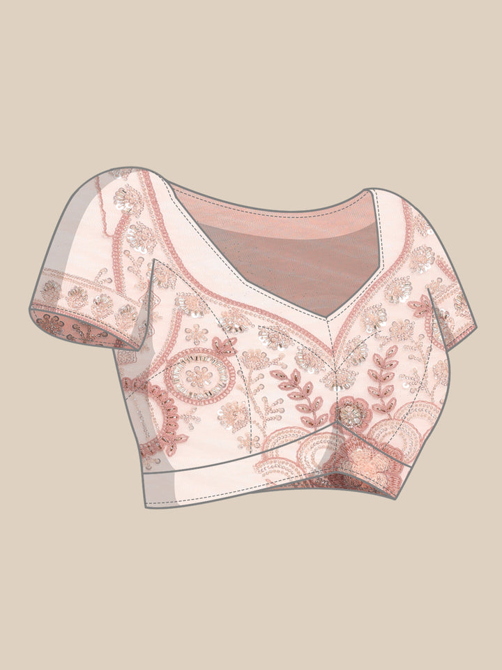 Peach net saree with pearl and sequins hand embroidery with scallop border