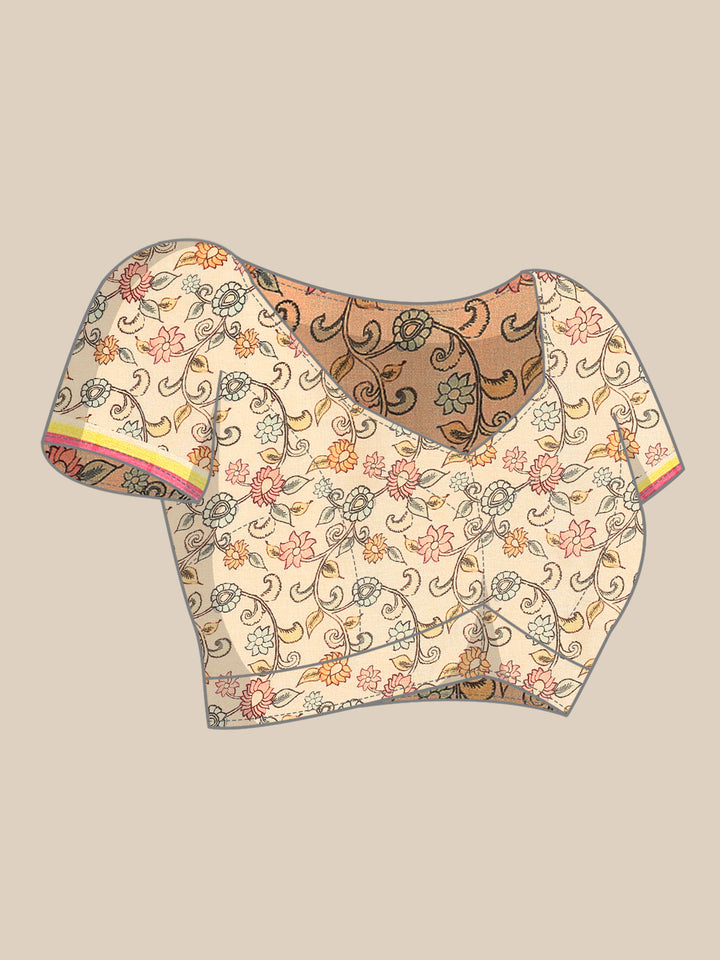 Cream Kota Saree With Kalamkari Appliqué Work On Pallu