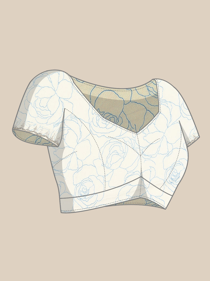 Blue satin floral printed saree with Swarovski embroidery