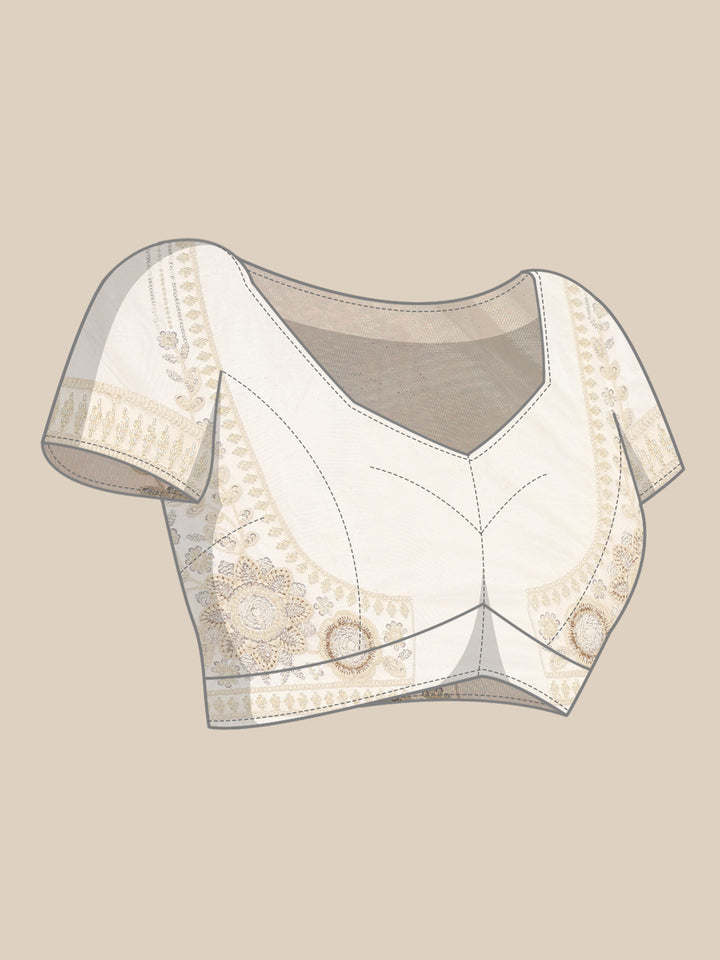 Cream net saree with pearl and sequins hand embroidery with scallop border