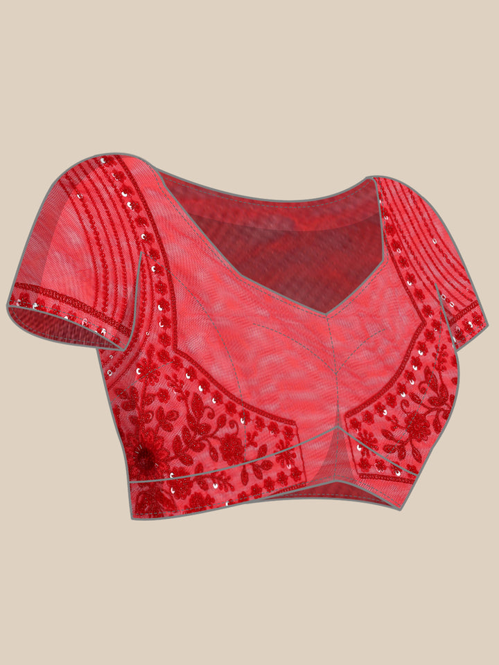 Red net saree with pearl and sequins hand embroidery with scallop border