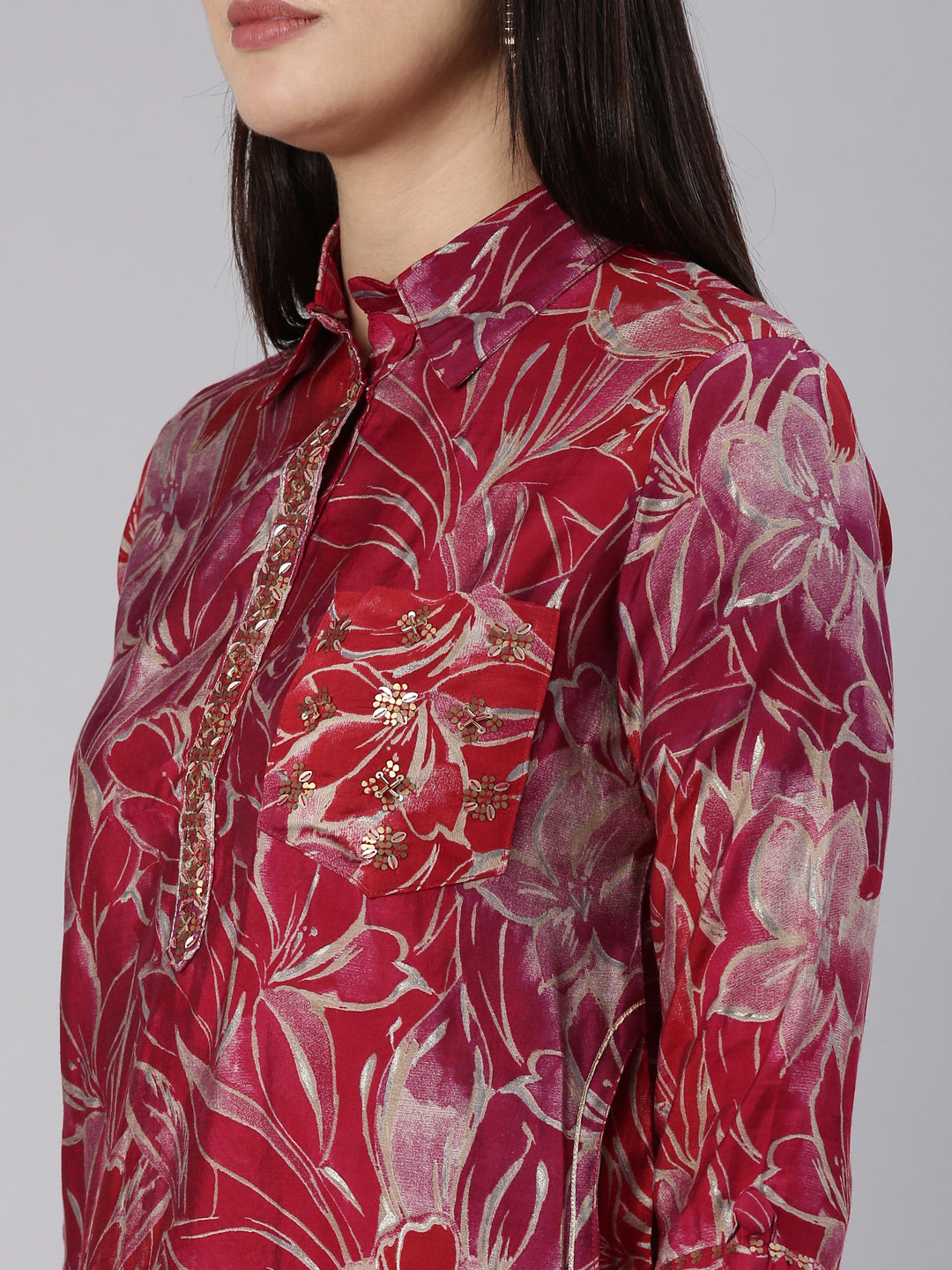 Neerus Red printed straight kurta set with trouser - detail view 1