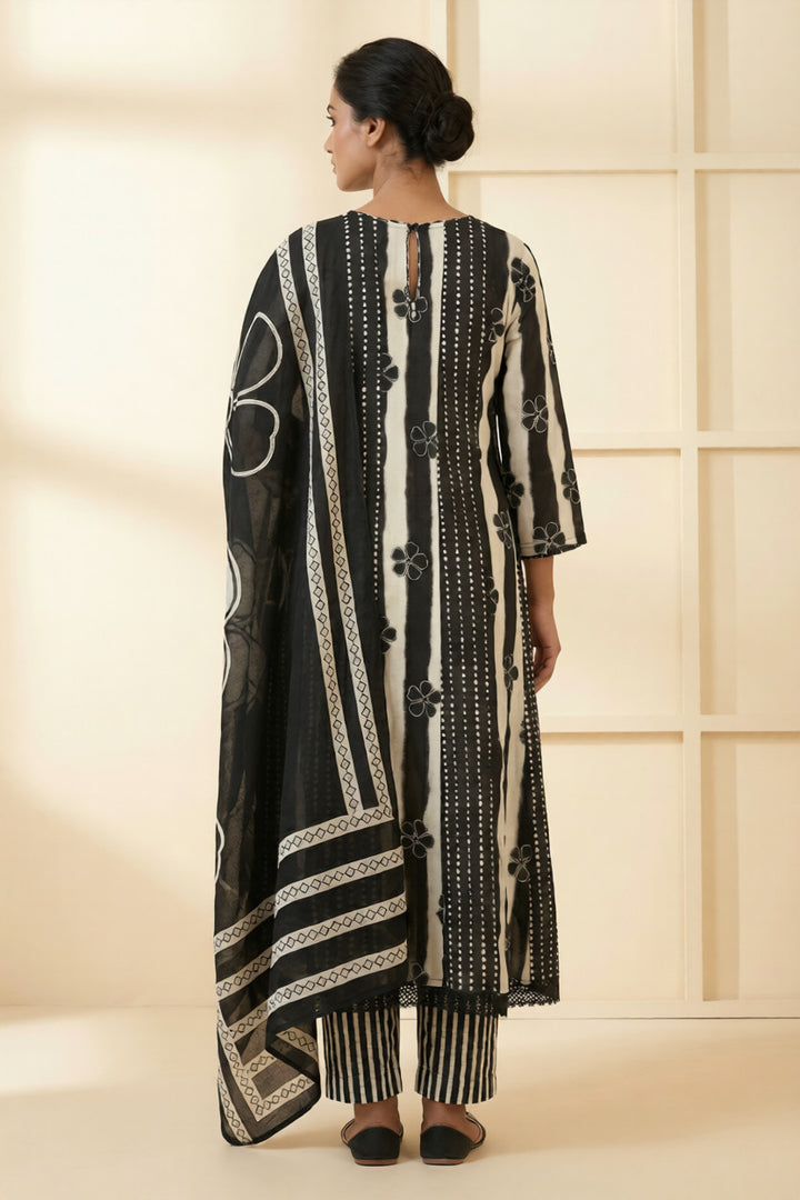 Black Cotton Floral Sequins And Hand Embroidery Suit Set