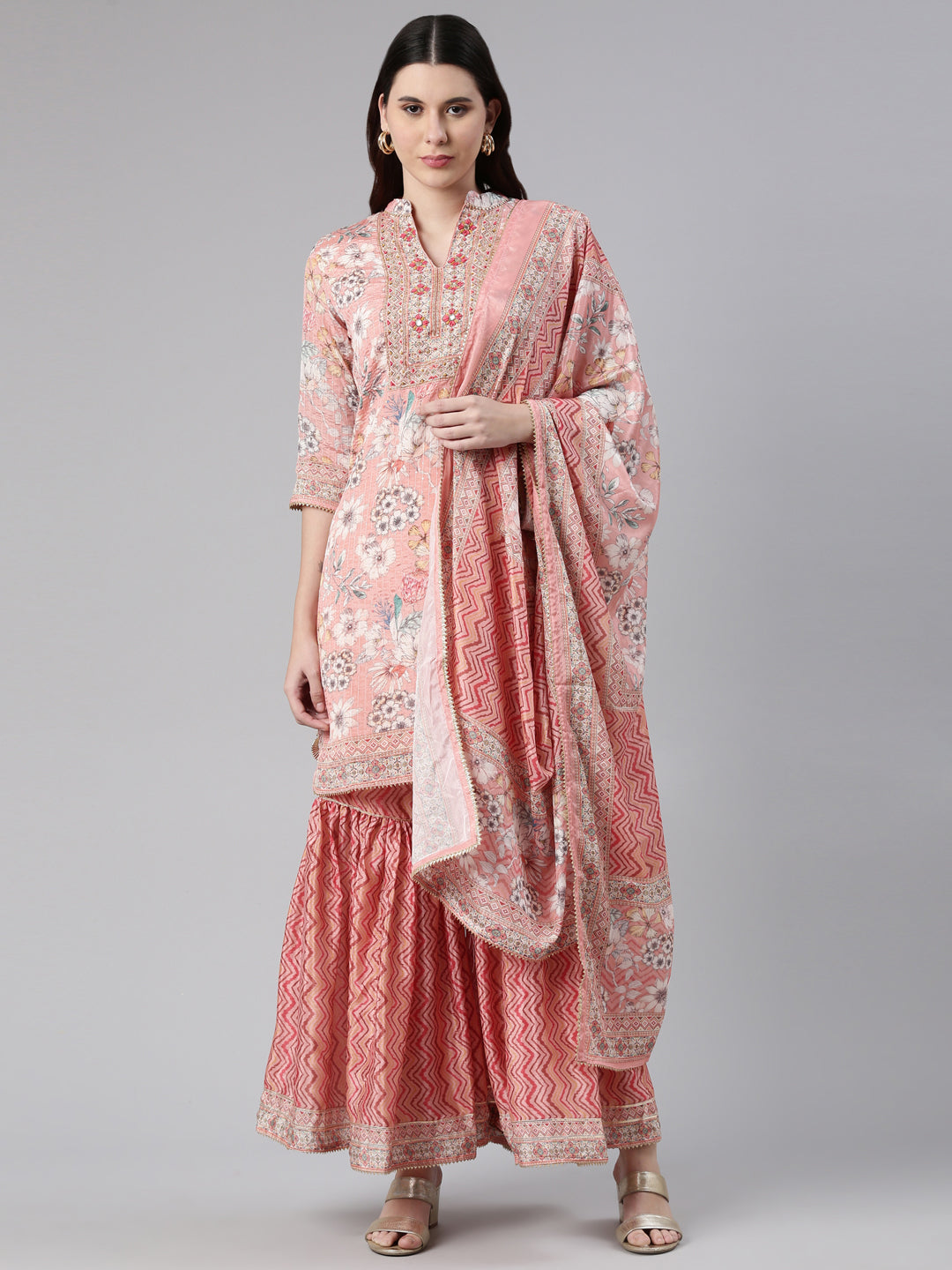 Neerus Ethnic thread embroidered sharara set kurta dupatta - front view