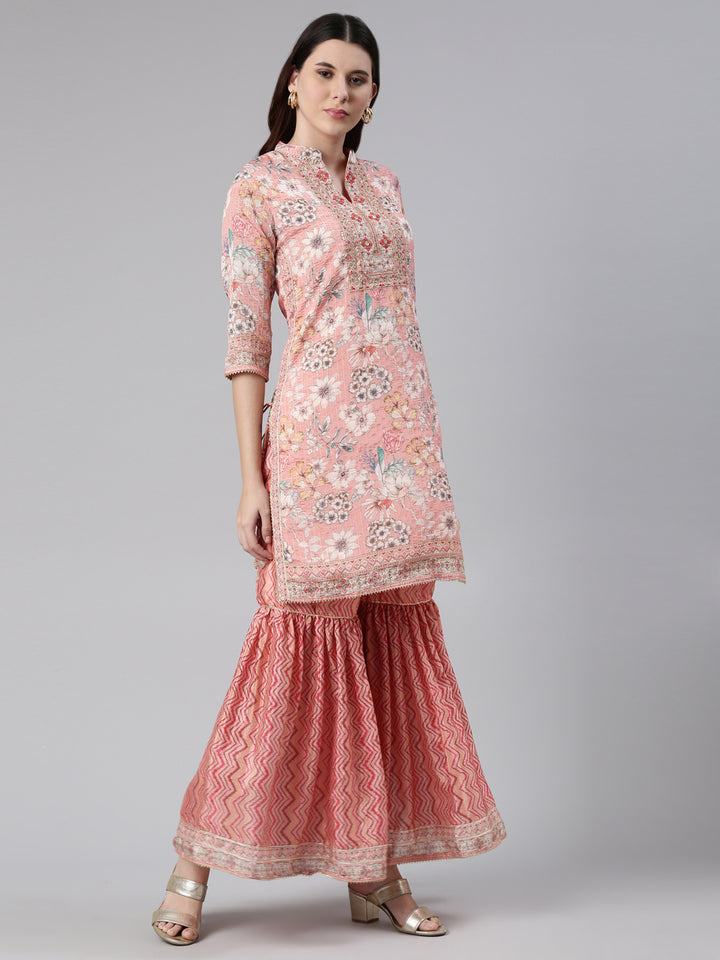 Neerus Ethnic thread embroidered sharara set kurta dupatta - back view