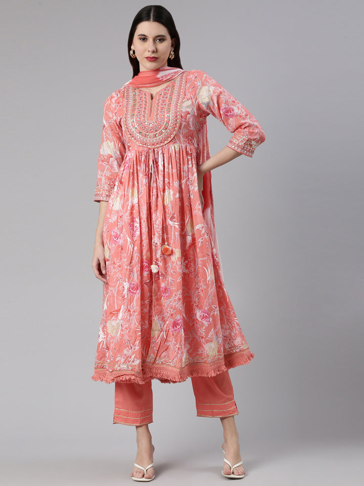 Neerus Multi floral thread embroidered suit set - front view