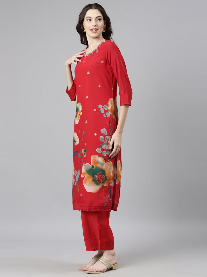 Neerus Red Casual Floral Straight Kurta and Trousers With Dupatta