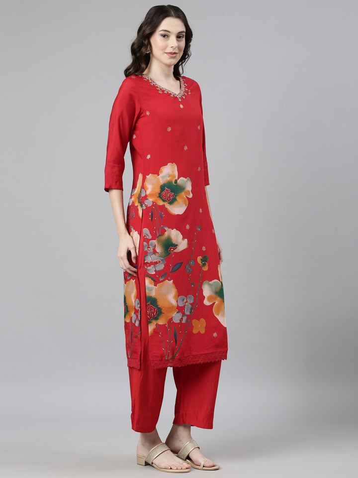 Neerus Red Casual Floral Straight Kurta and Trousers With Dupatta
