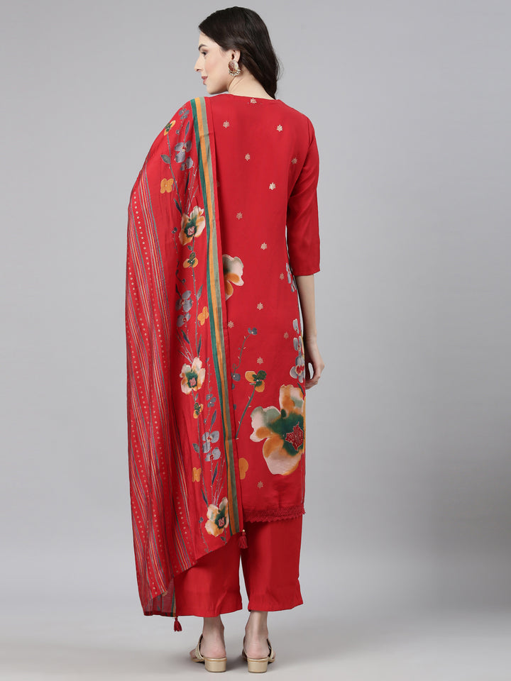 Neerus Red Casual Floral Straight Kurta and Trousers With Dupatta
