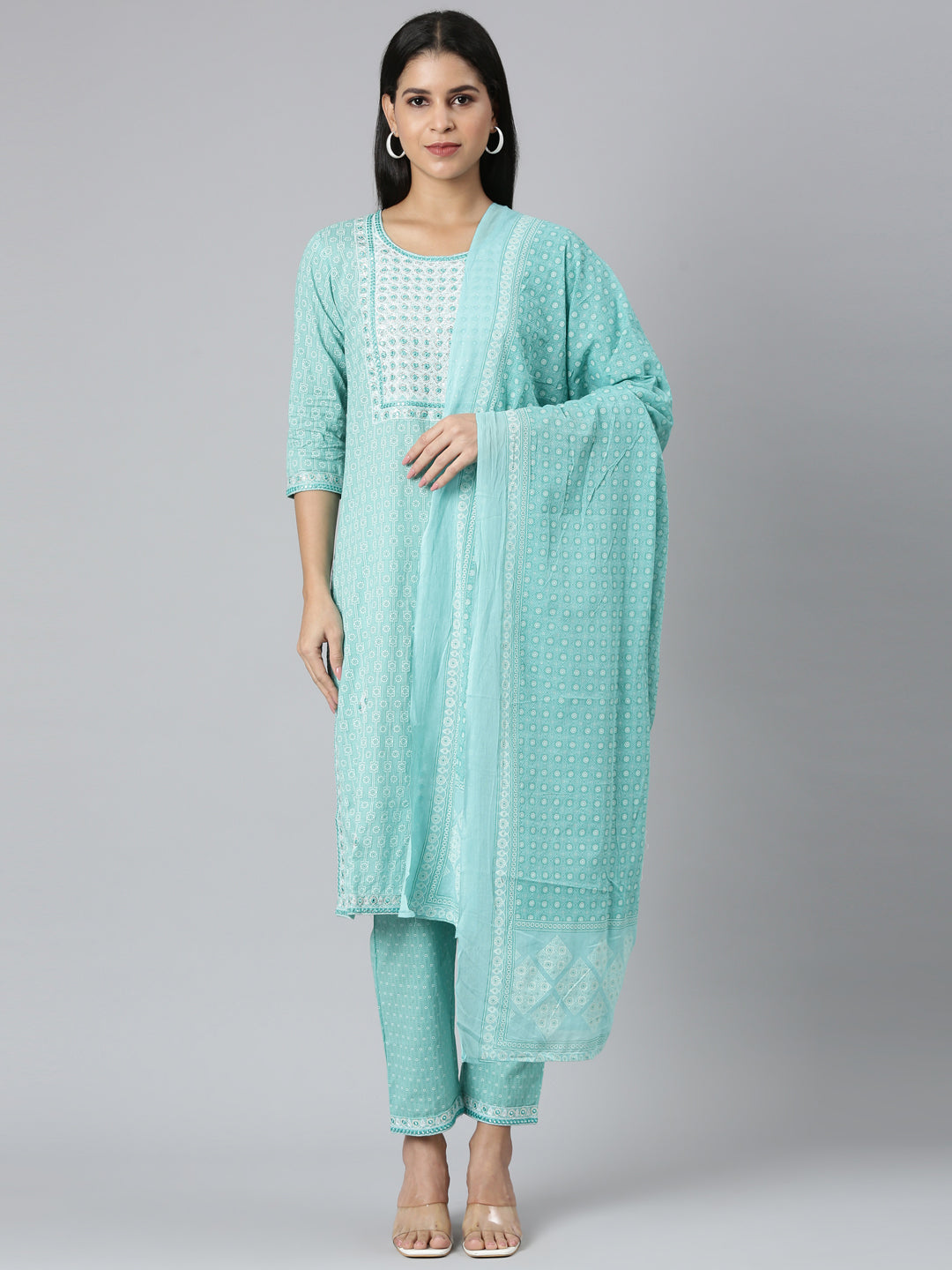 Neerus Blue Regular Straight Printed Kurta and Trousers With Dupatta