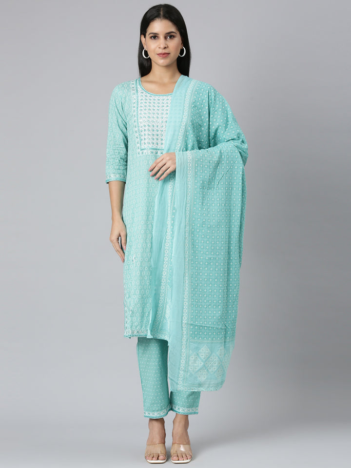 Neerus Blue Regular Straight Printed Kurta and Trousers With Dupatta