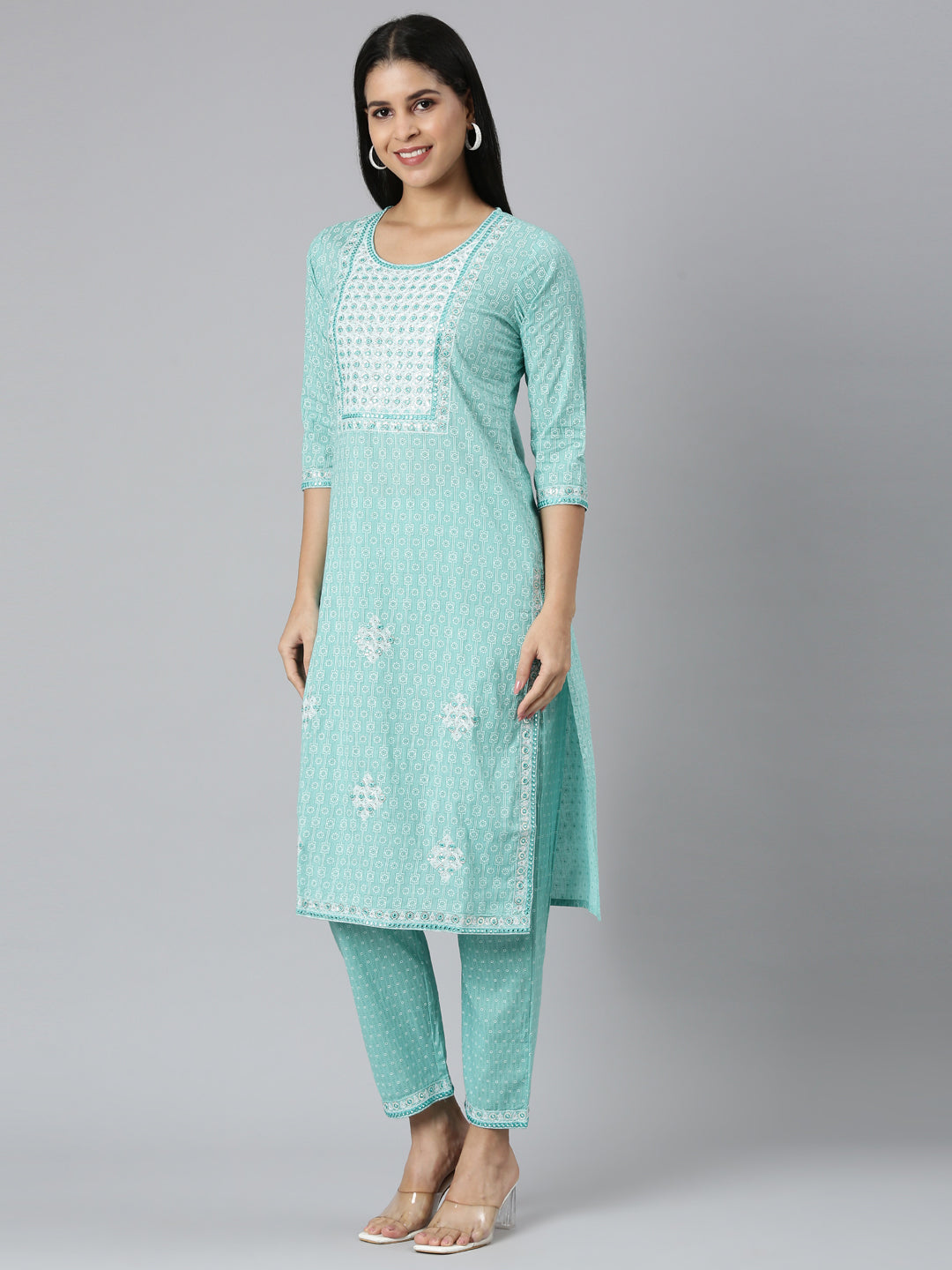 Neerus Blue Regular Straight Printed Kurta and Trousers With Dupatta