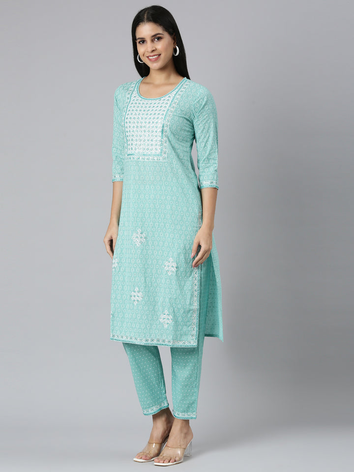 Neerus Blue Regular Straight Printed Kurta and Trousers With Dupatta