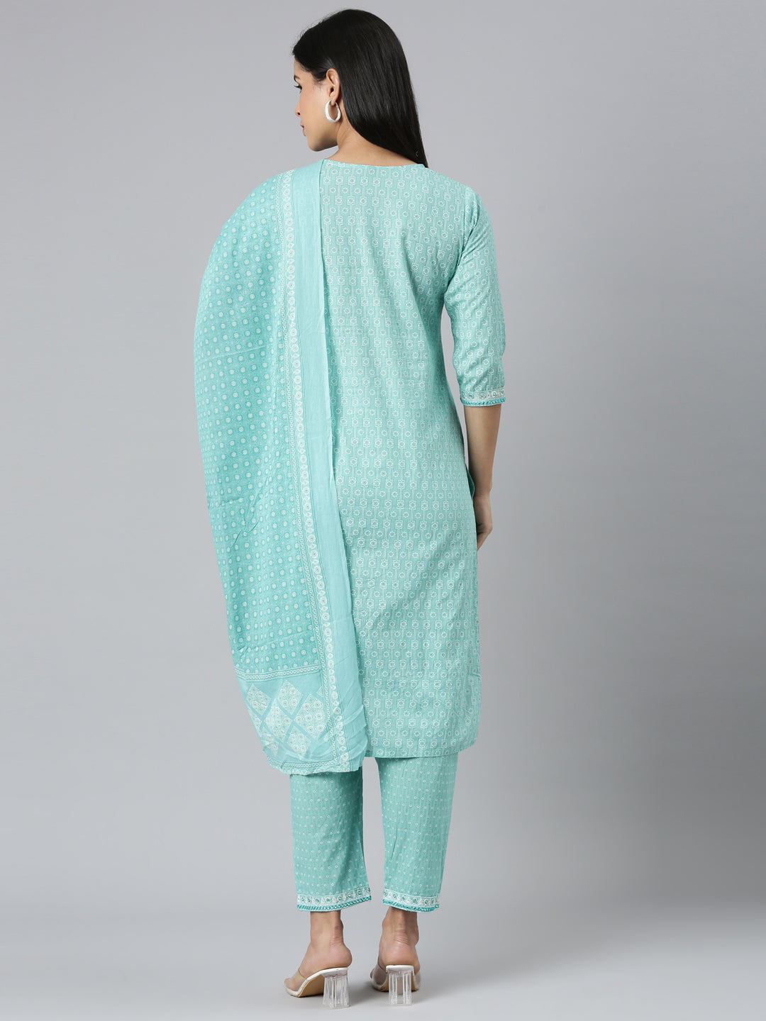 Neerus Blue Regular Straight Printed Kurta and Trousers With Dupatta