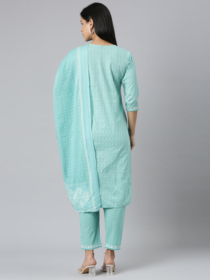 Neerus Blue Regular Straight Printed Kurta and Trousers With Dupatta