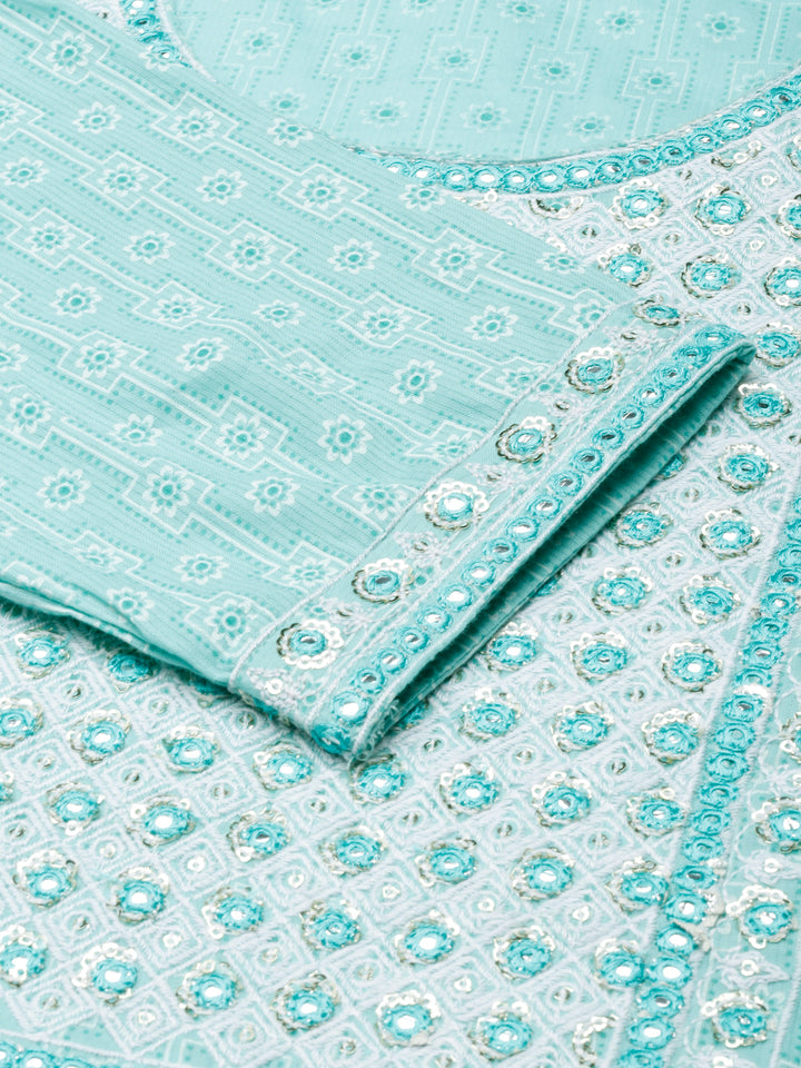 Neerus Blue Regular Straight Printed Kurta and Trousers With Dupatta