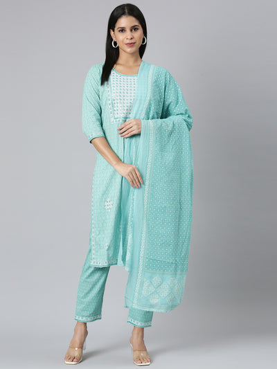 Neerus Blue Regular Straight Printed Kurta and Trousers With Dupatta