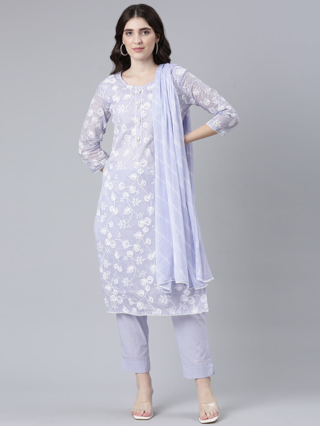 Neerus Purple embroidered straight kurta set - front view