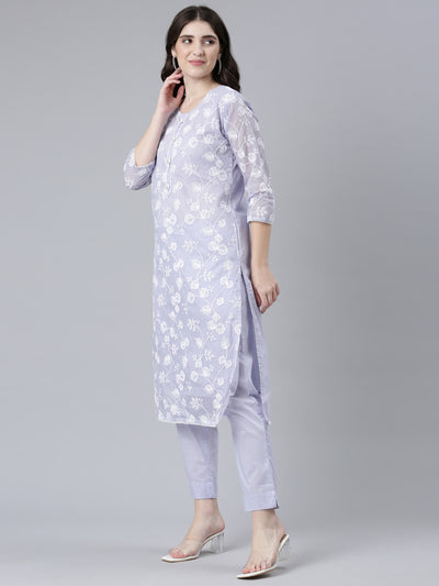 Neerus Lavender Regular Straight Embroidered Kurta And Trousers With Dupatta