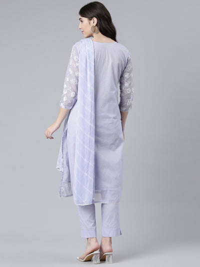 Neerus Lavender Regular Straight Embroidered Kurta And Trousers With Dupatta