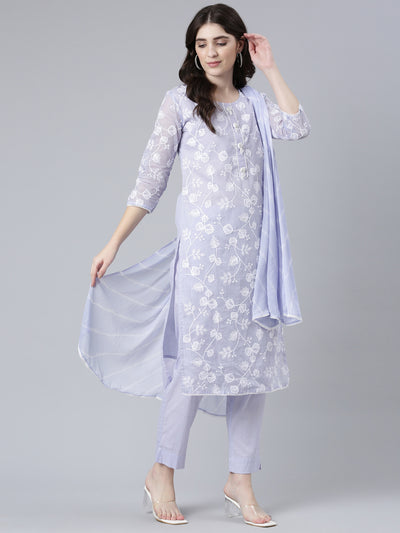 Neerus Lavender Regular Straight Embroidered Kurta And Trousers With Dupatta
