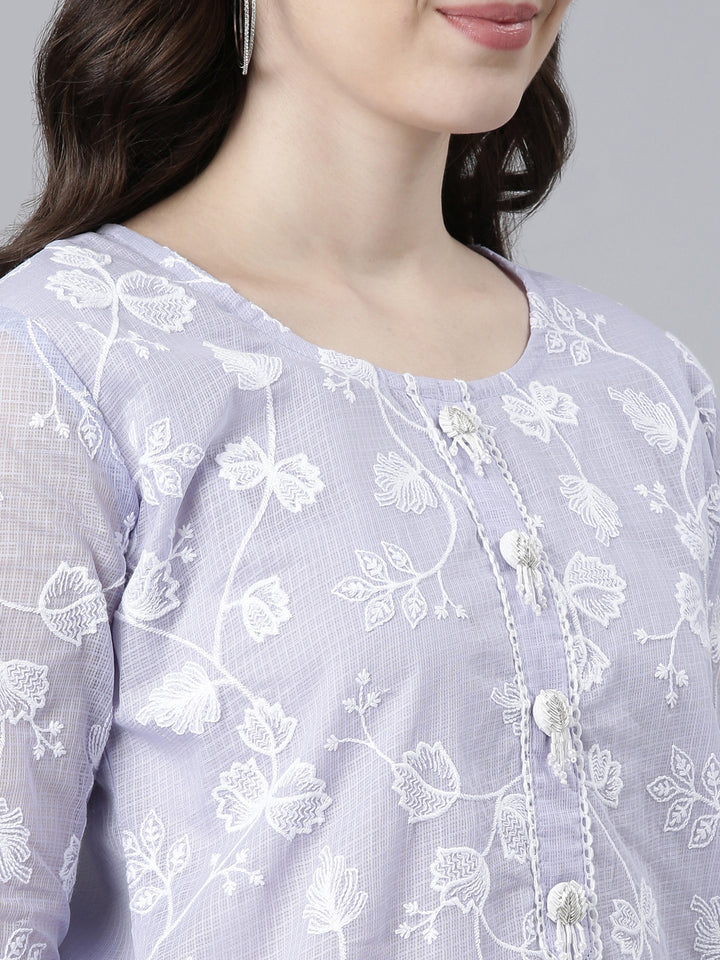 Neerus Purple embroidered straight kurta set - detail view 1