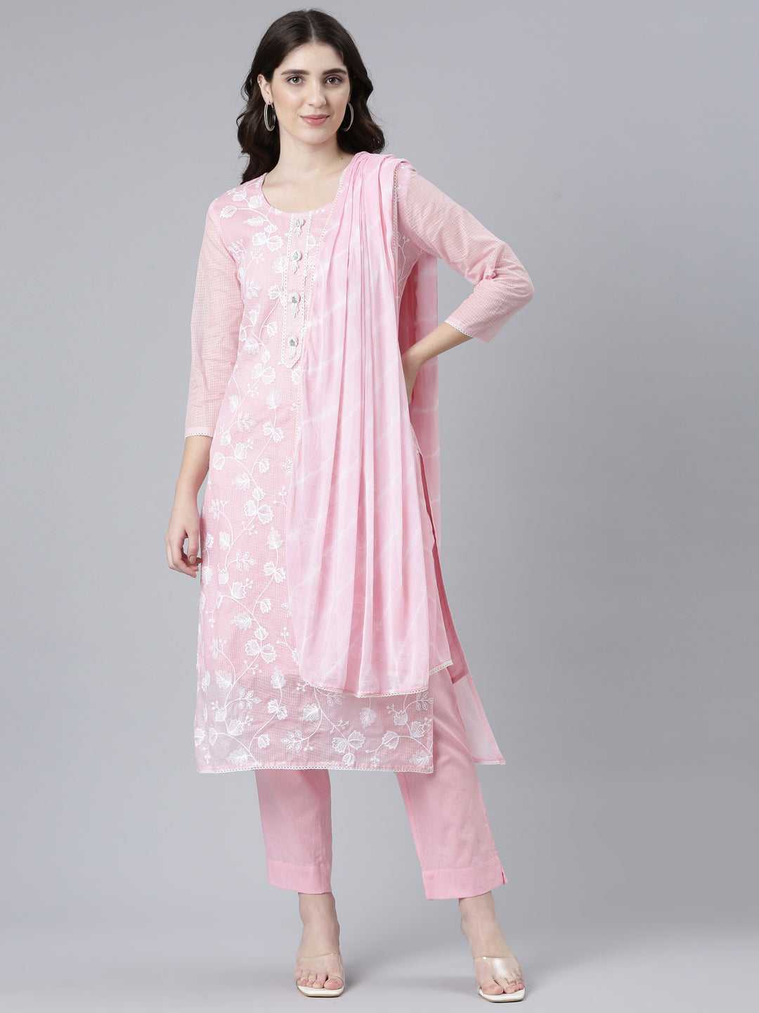 Neerus Pink embroidered straight kurta set with dupatta - front view