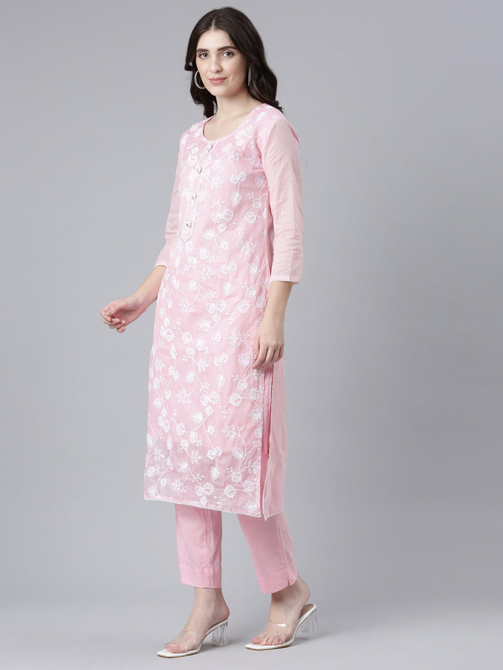 Neerus Pink embroidered straight kurta set with dupatta - back view