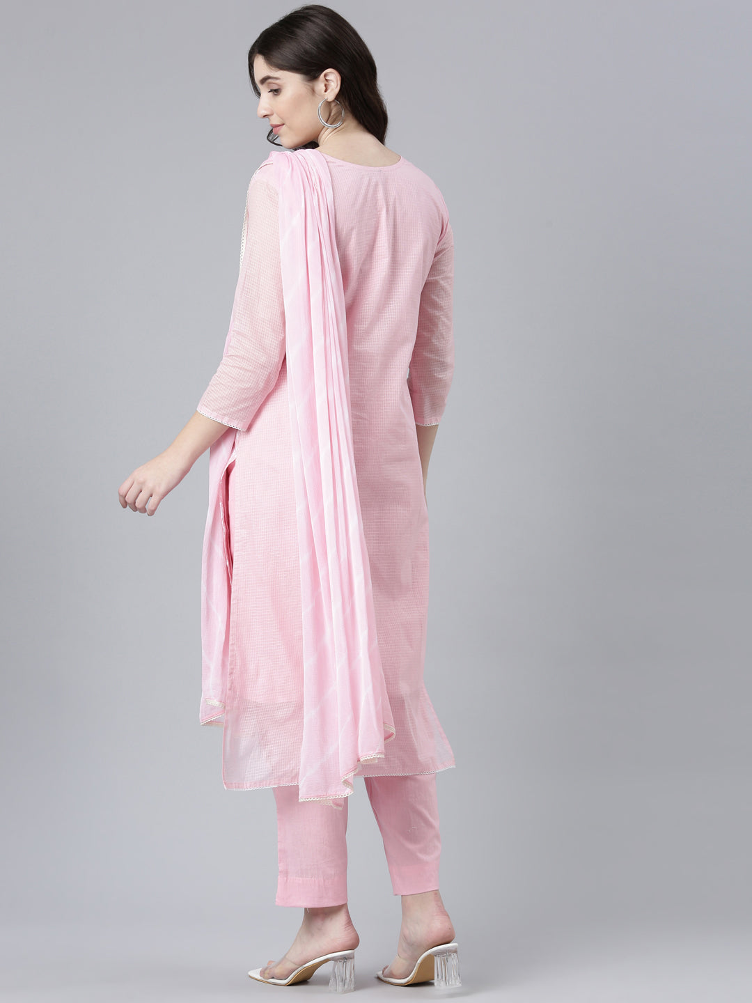 Neerus Pink embroidered straight kurta set with dupatta - side view