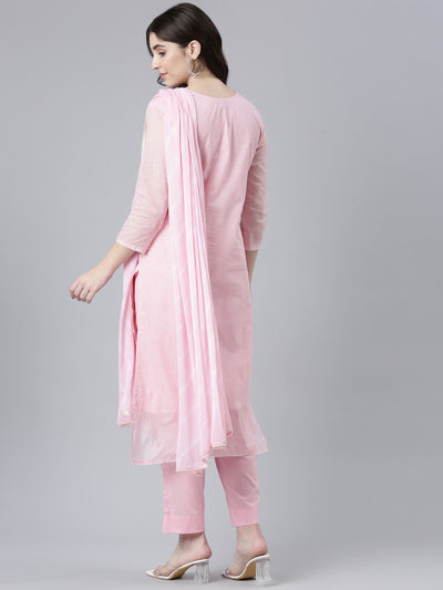 Neerus Pink Regular Straight Embroidered Kurta And Trousers With Dupatta