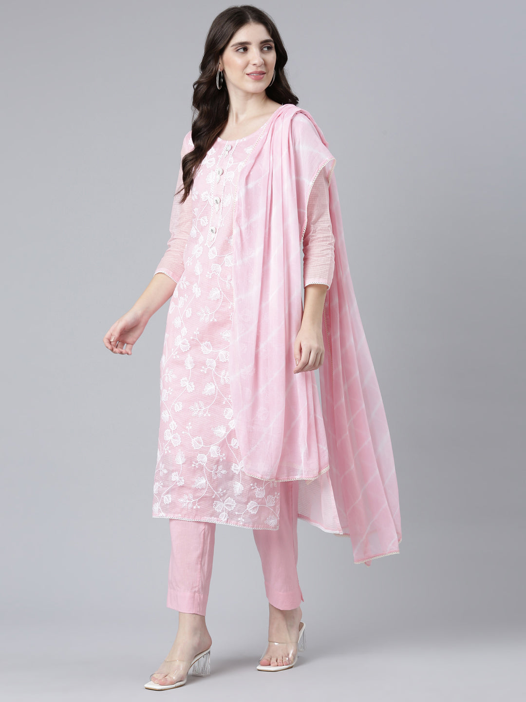 Neerus Pink embroidered straight kurta set with dupatta - detail view 2