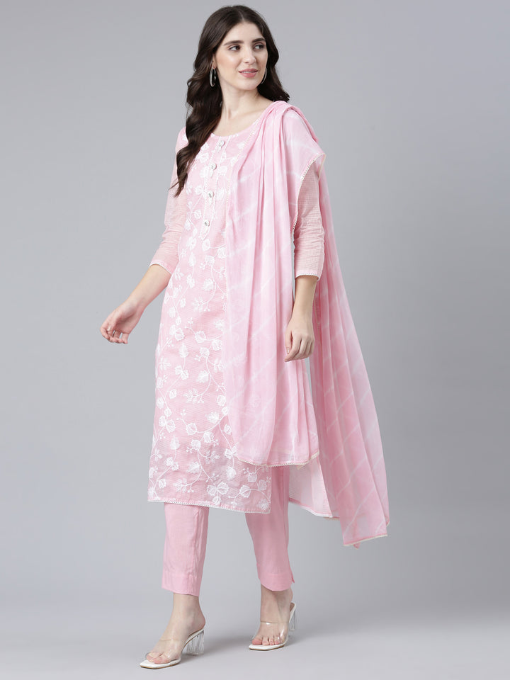 Neerus Pink embroidered straight kurta set with dupatta - detail view 2