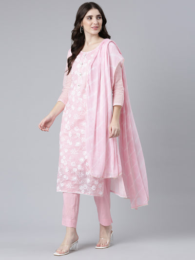 Neerus Pink Regular Straight Embroidered Kurta And Trousers With Dupatta