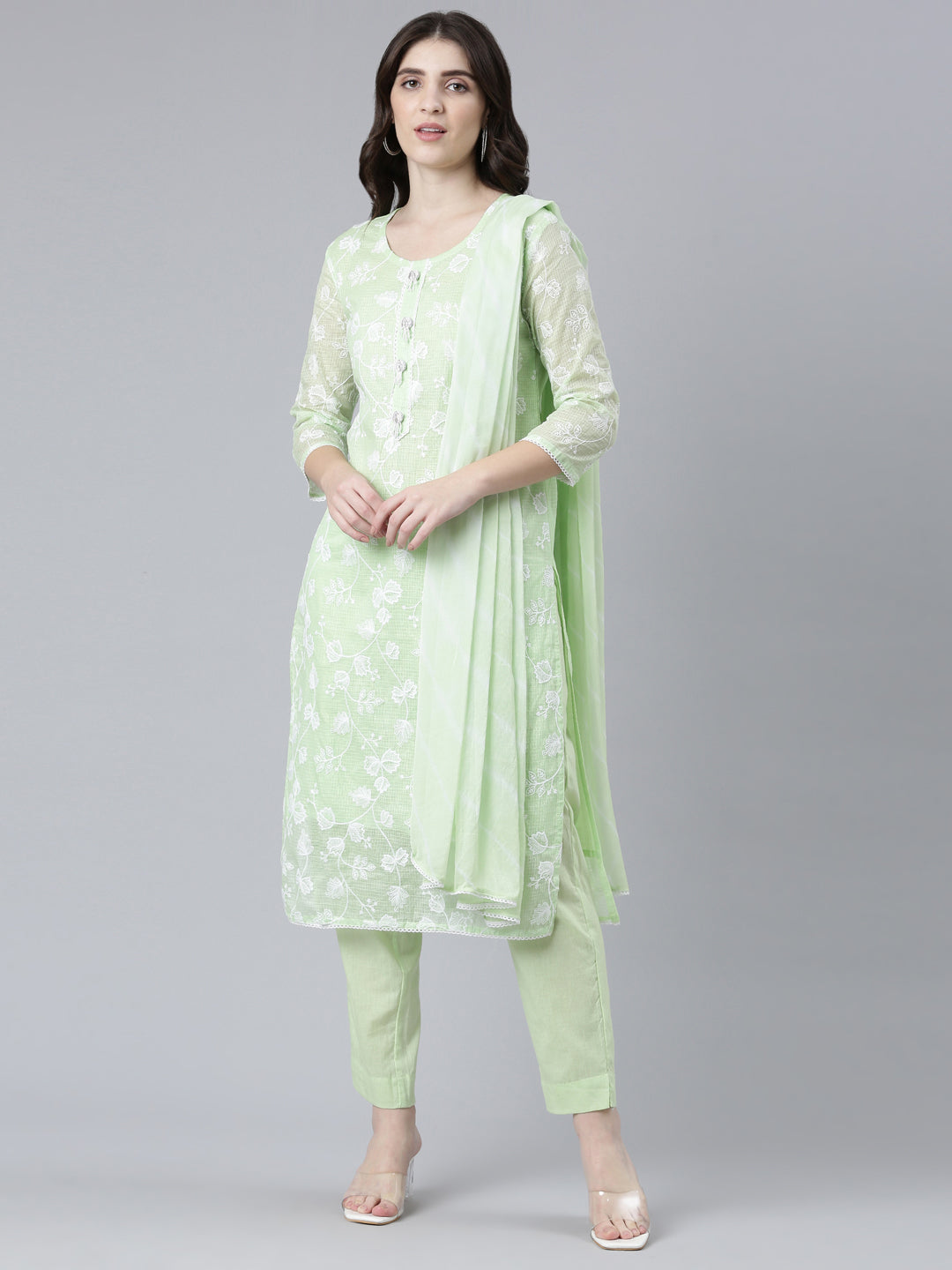 Neerus Green embroidered straight kurta set with dupatta - front view