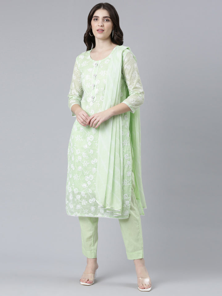 Neerus Green embroidered straight kurta set with dupatta - front view