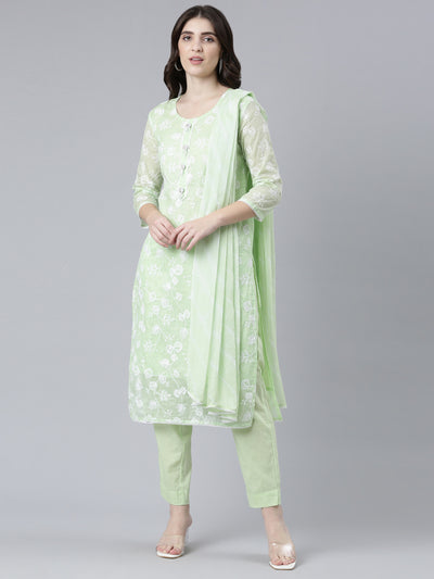 Neeru's Green Regular Straight Embroidered Kurta And Trousers With Dupatta