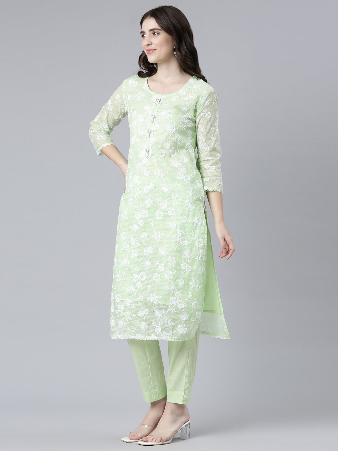 Neerus Green embroidered straight kurta set with dupatta - back view
