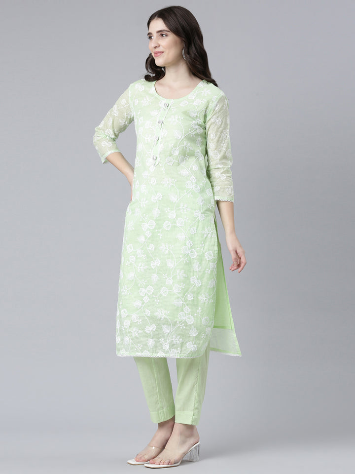 Neerus Green embroidered straight kurta set with dupatta - back view