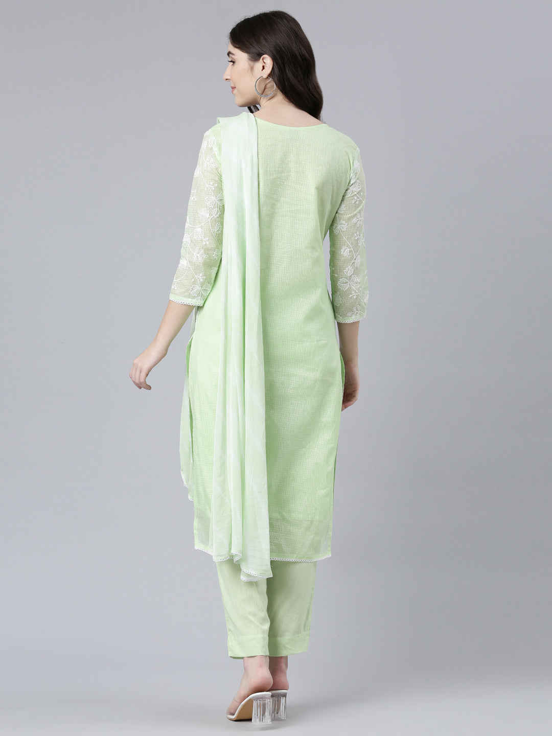 Neerus Green embroidered straight kurta set with dupatta - side view