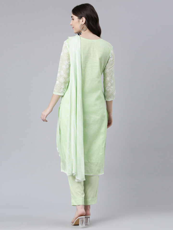 Neerus Green embroidered straight kurta set with dupatta - side view