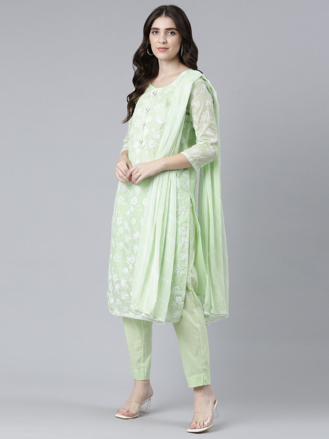 Neerus Green embroidered straight kurta set with dupatta - detail view 2