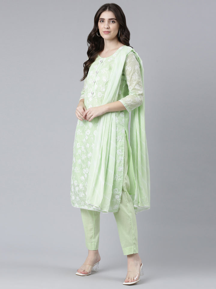 Neerus Green embroidered straight kurta set with dupatta - detail view 2