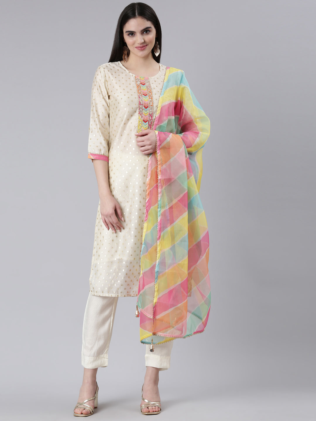 Neerus Beige Chanderi printed kurta set with trouser and dupatta - front view