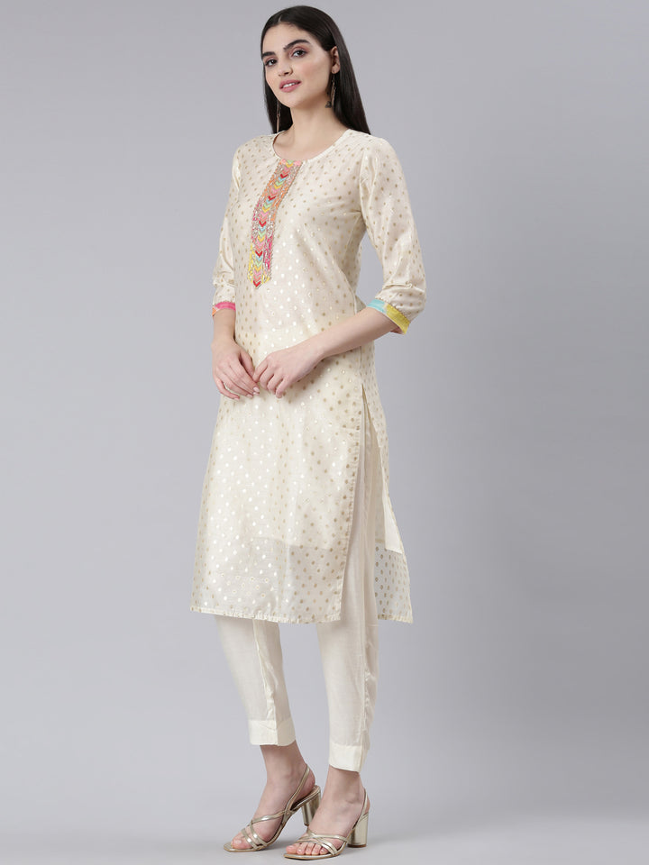 Neerus Beige Chanderi printed kurta set with trouser and dupatta - back view