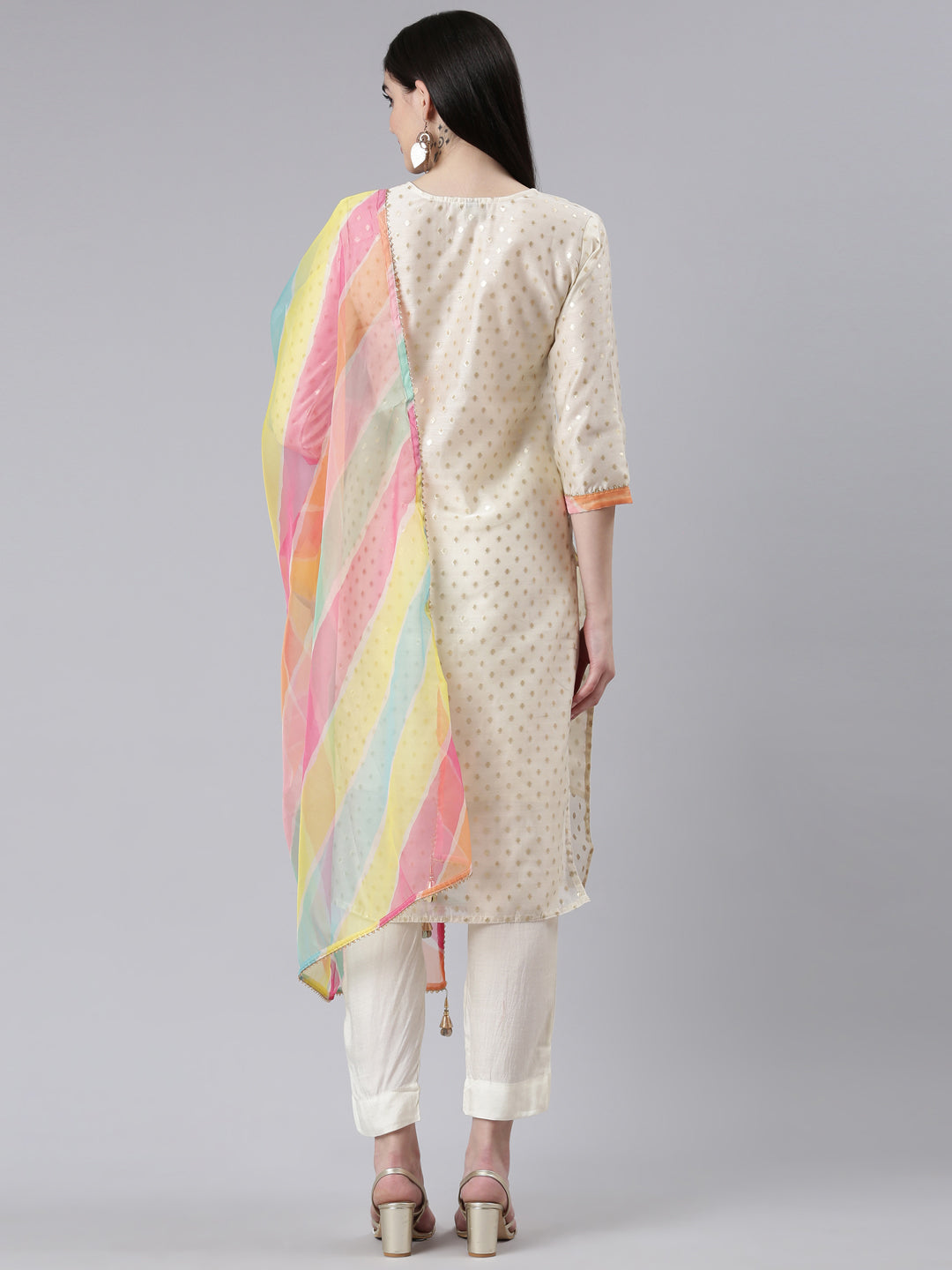 Neerus Beige Chanderi printed kurta set with trouser and dupatta - side view