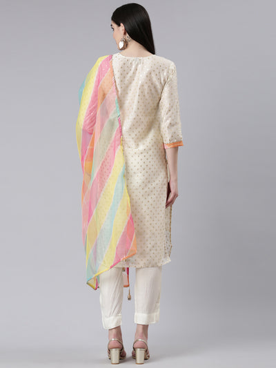 Neerus Cream Regular Straight Printed Kurta And Trousers With Dupatta
